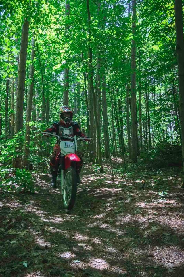 Dirt bike riding through Ganaraska Forest trails