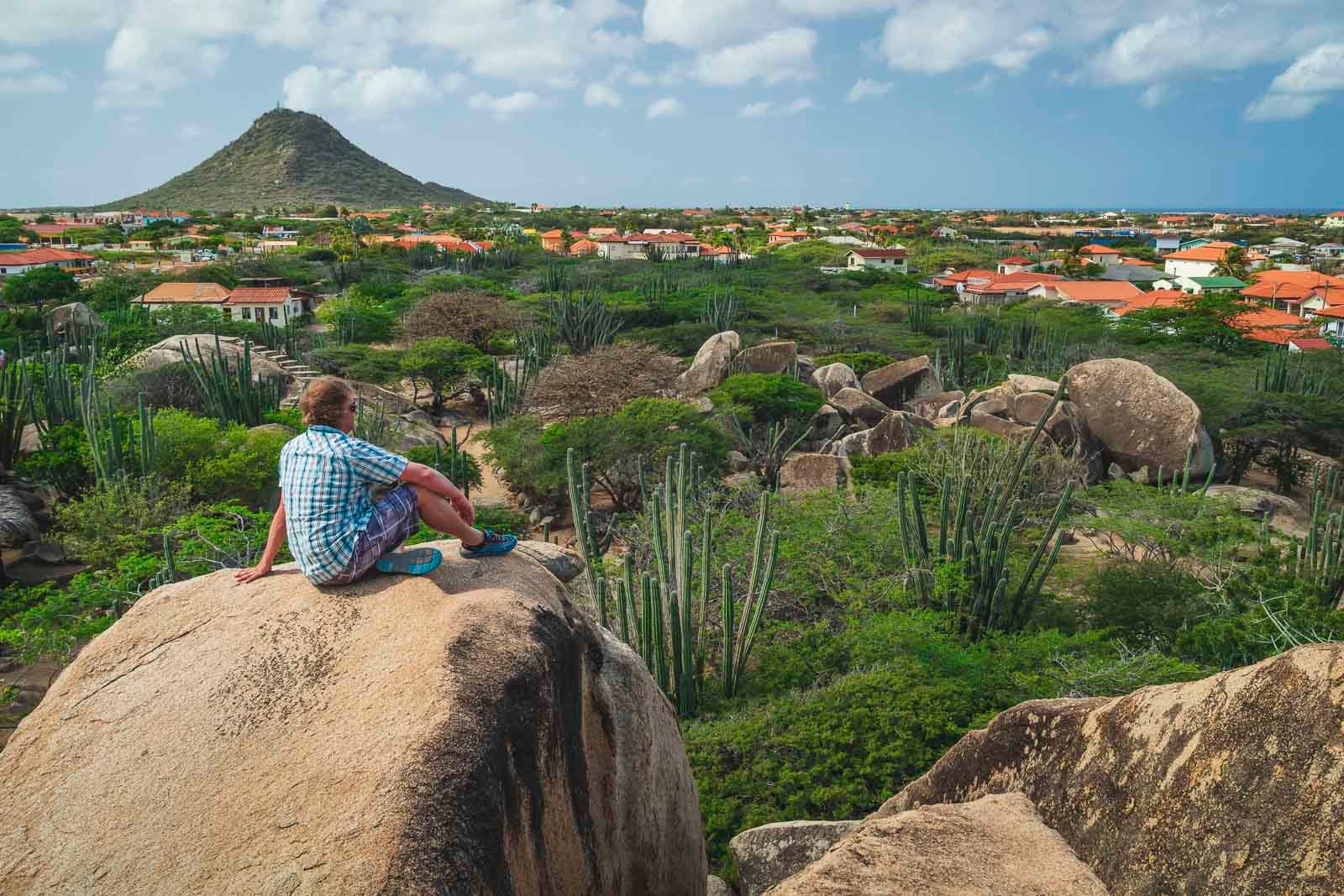 A man sitting on a rock overlooking the island of Aruba