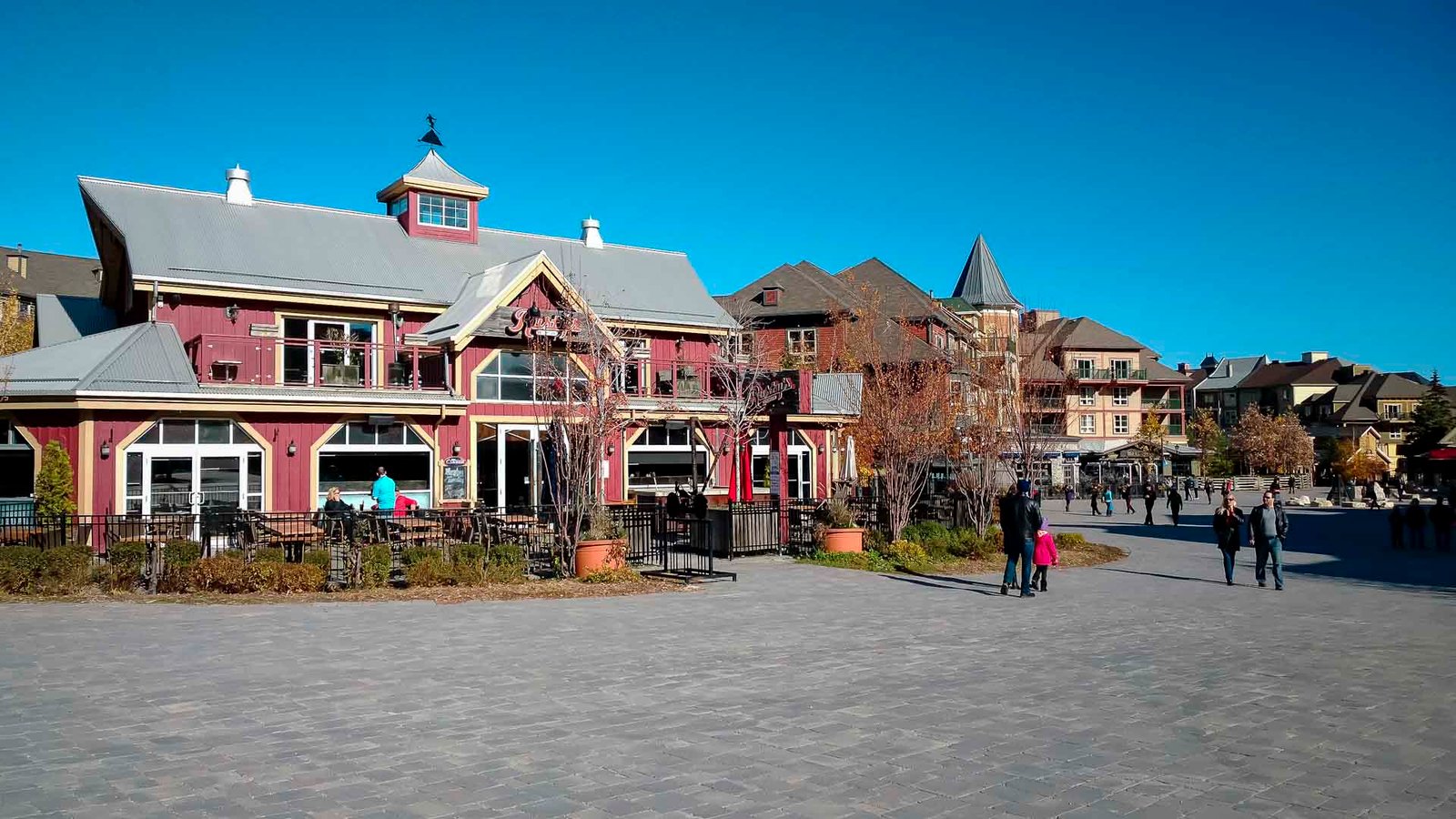 Summer day at Blue Mountain Village with visitors walking through