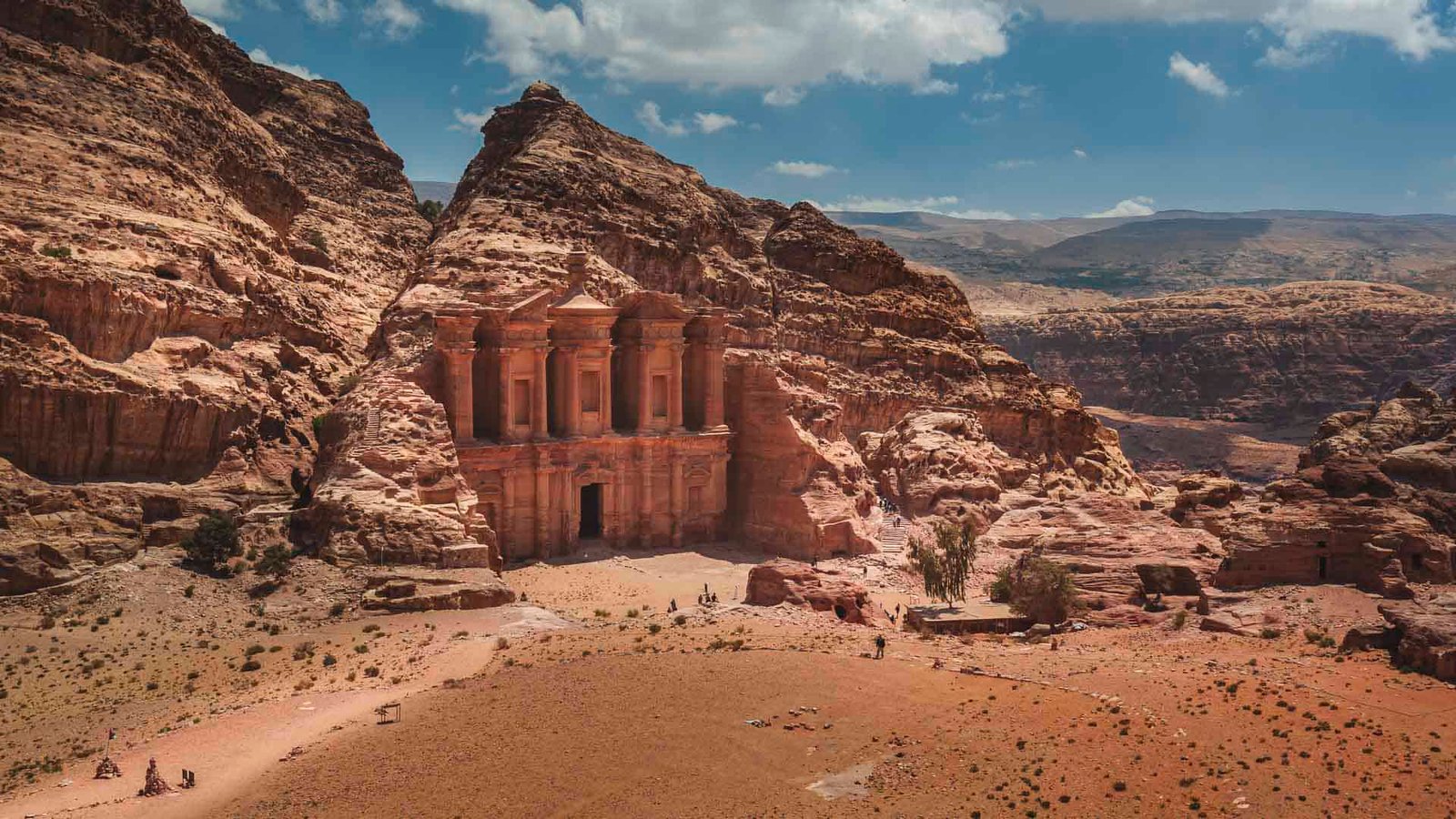 Al Khazneh Treasury at Petra, Jordan carved into rose-red cliffs