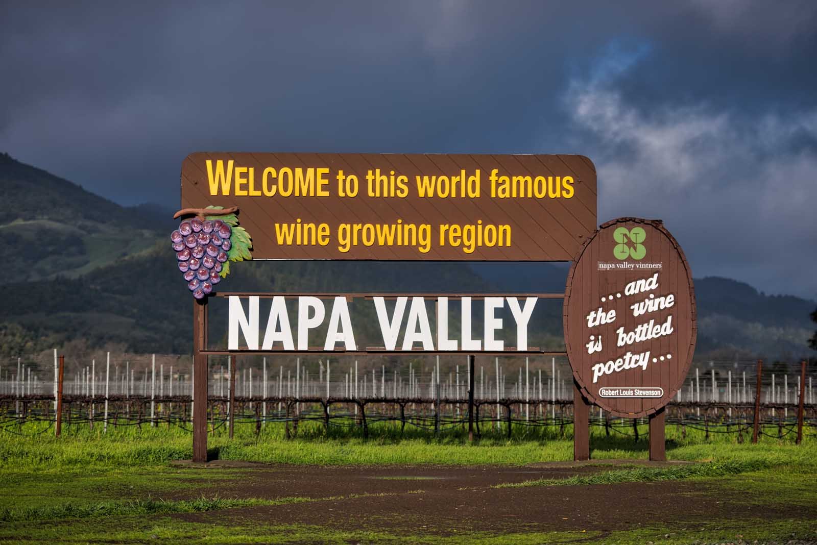 Napa Valley sign in september with incoming storm
