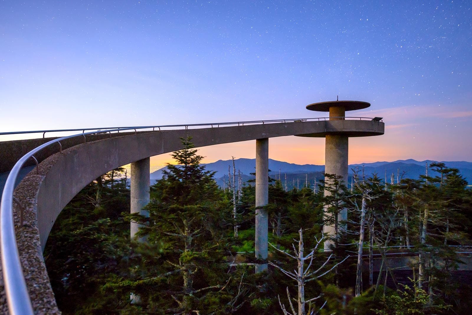 Observation deck at twilight in the Great Smoky Mountains.