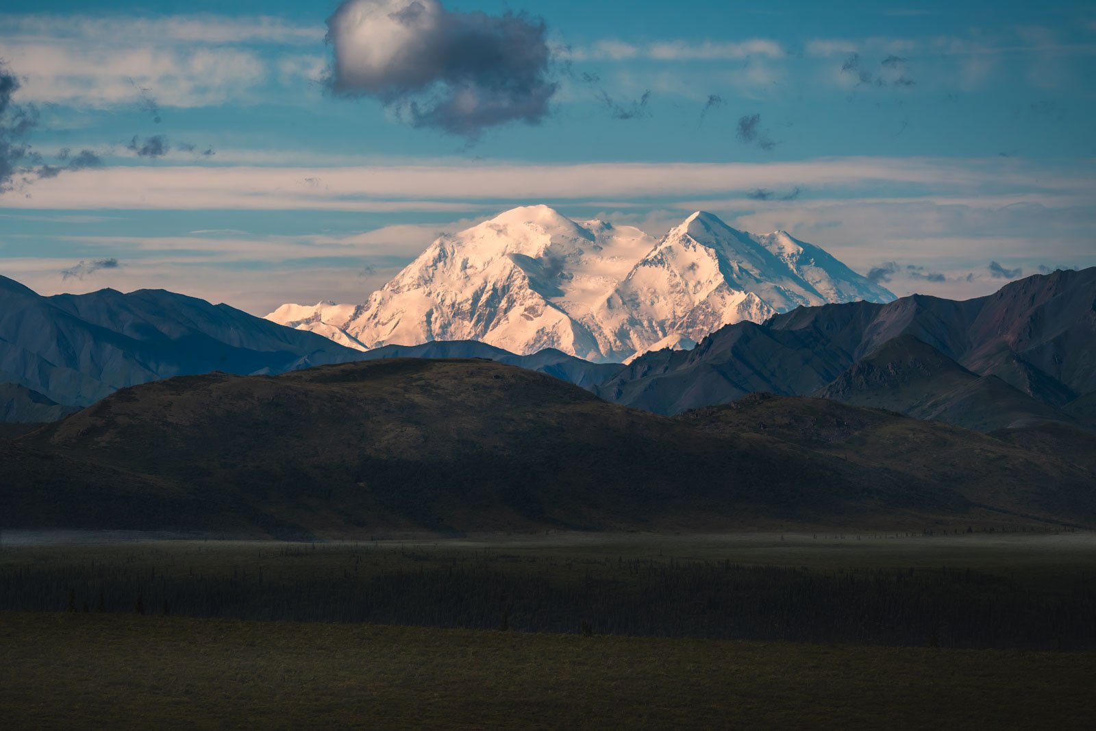 The snow-covered peak of Denali, the tallest mountain in North America, rising above the vast tundra.
