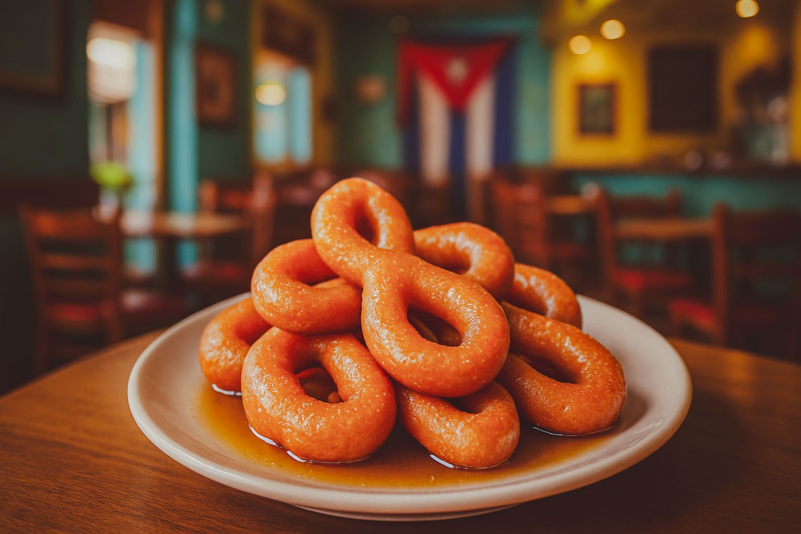 Golden, figure-8 shaped Buñuelos on a plate, drizzled with a shiny anise-flavoured syrup.
