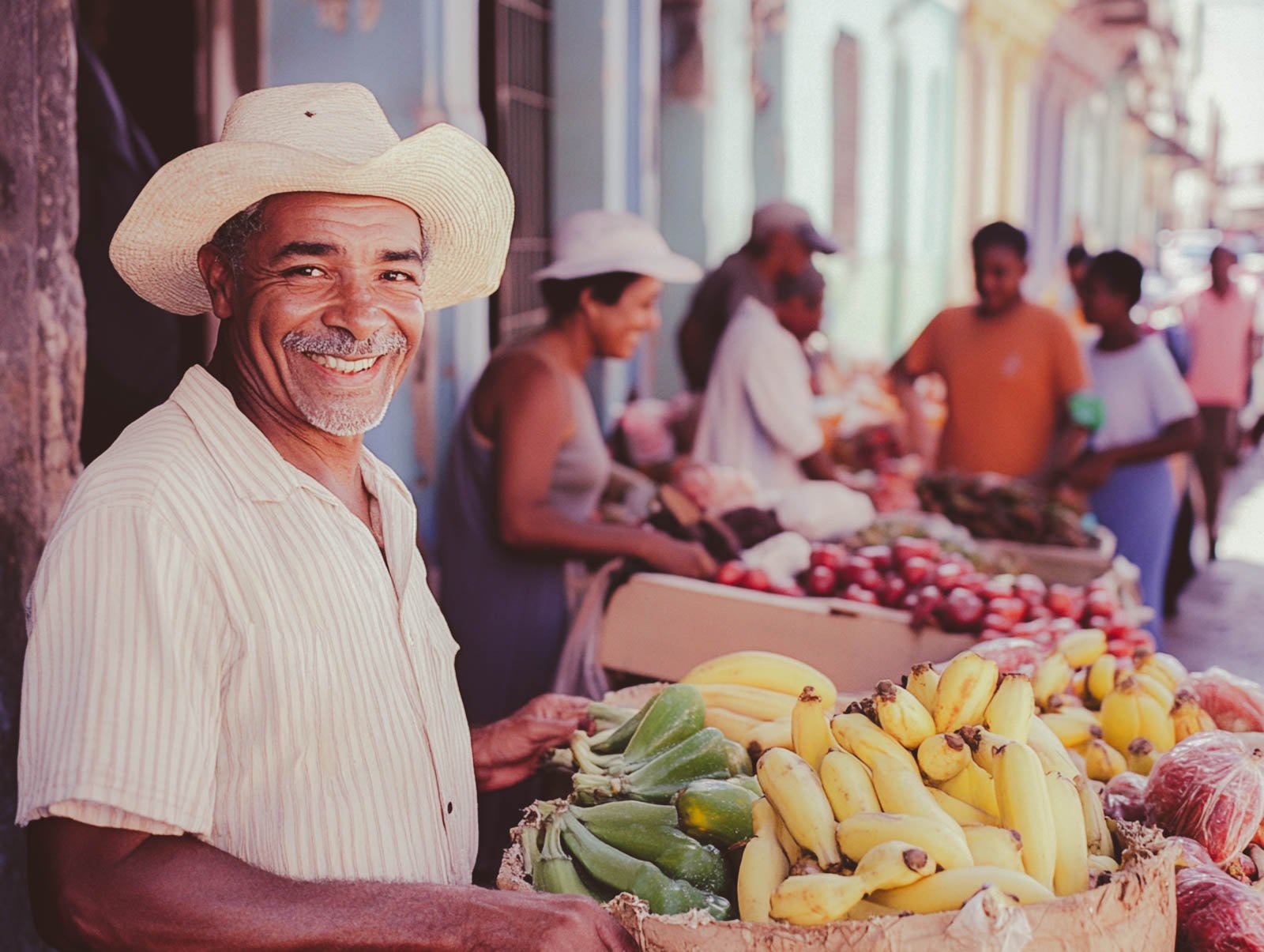 A man selling guava for casquitos de guayaba in a market in Havana