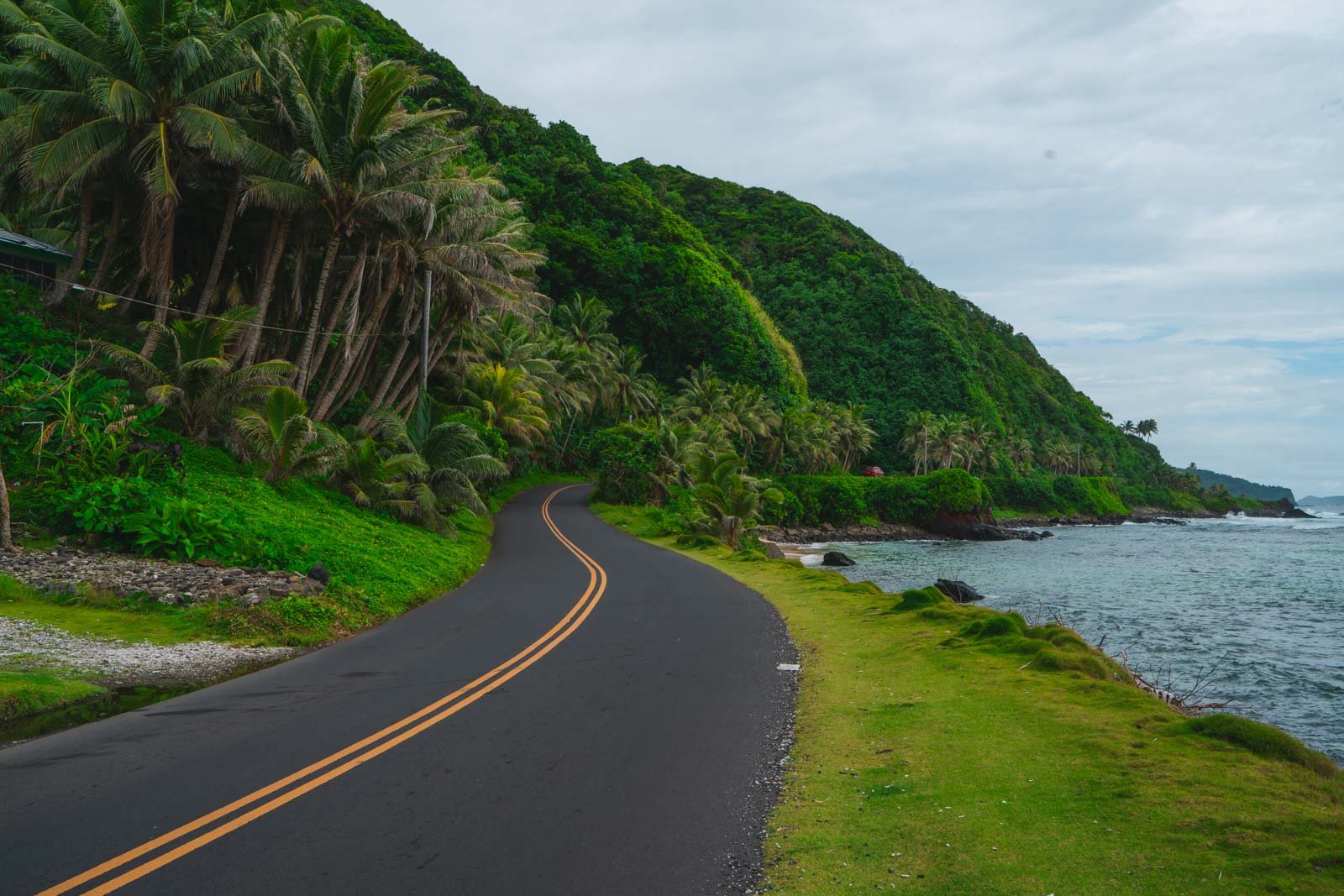 A view of the lush, tropical mountains meeting the clear blue ocean in the National Park of American Samoa.