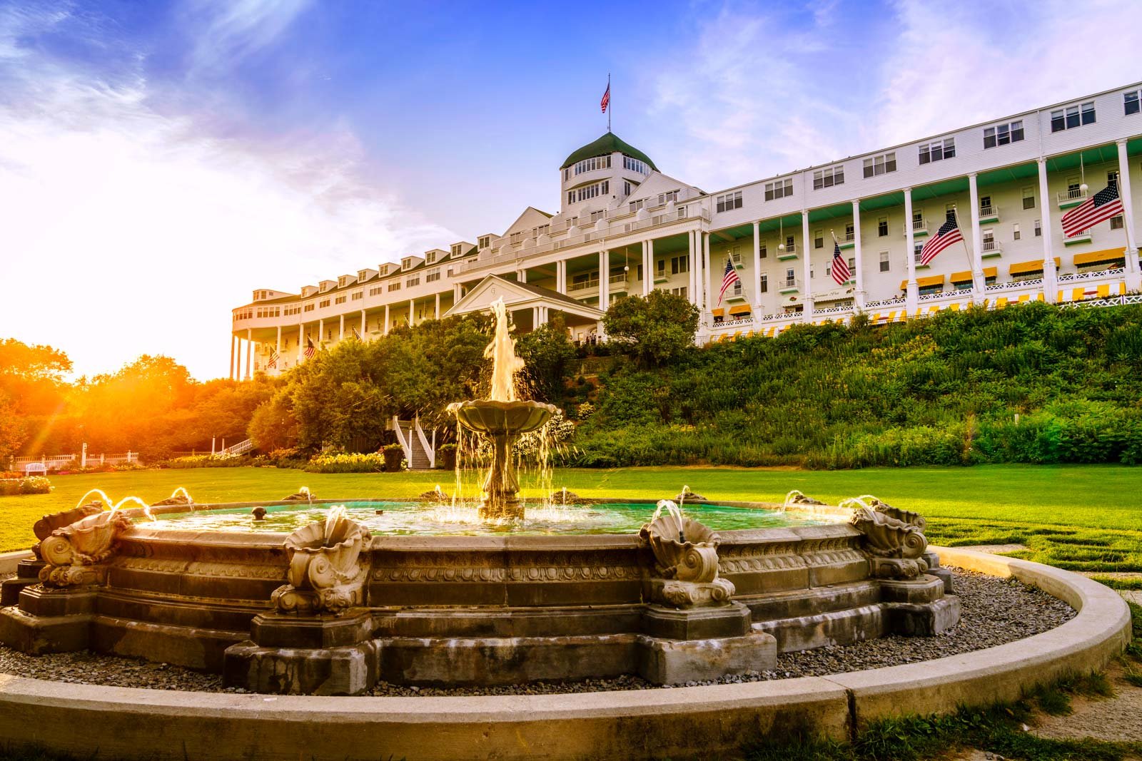 Mackinac Island with the historic Grand Hotel in the background, showcasing the island's car-free lifestyle