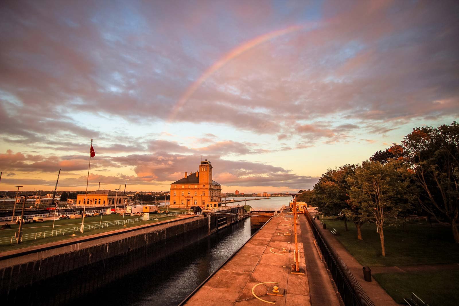 Sunset over the engineering marvel of the Soo Locks in Sault Ste. Marie, Michigan