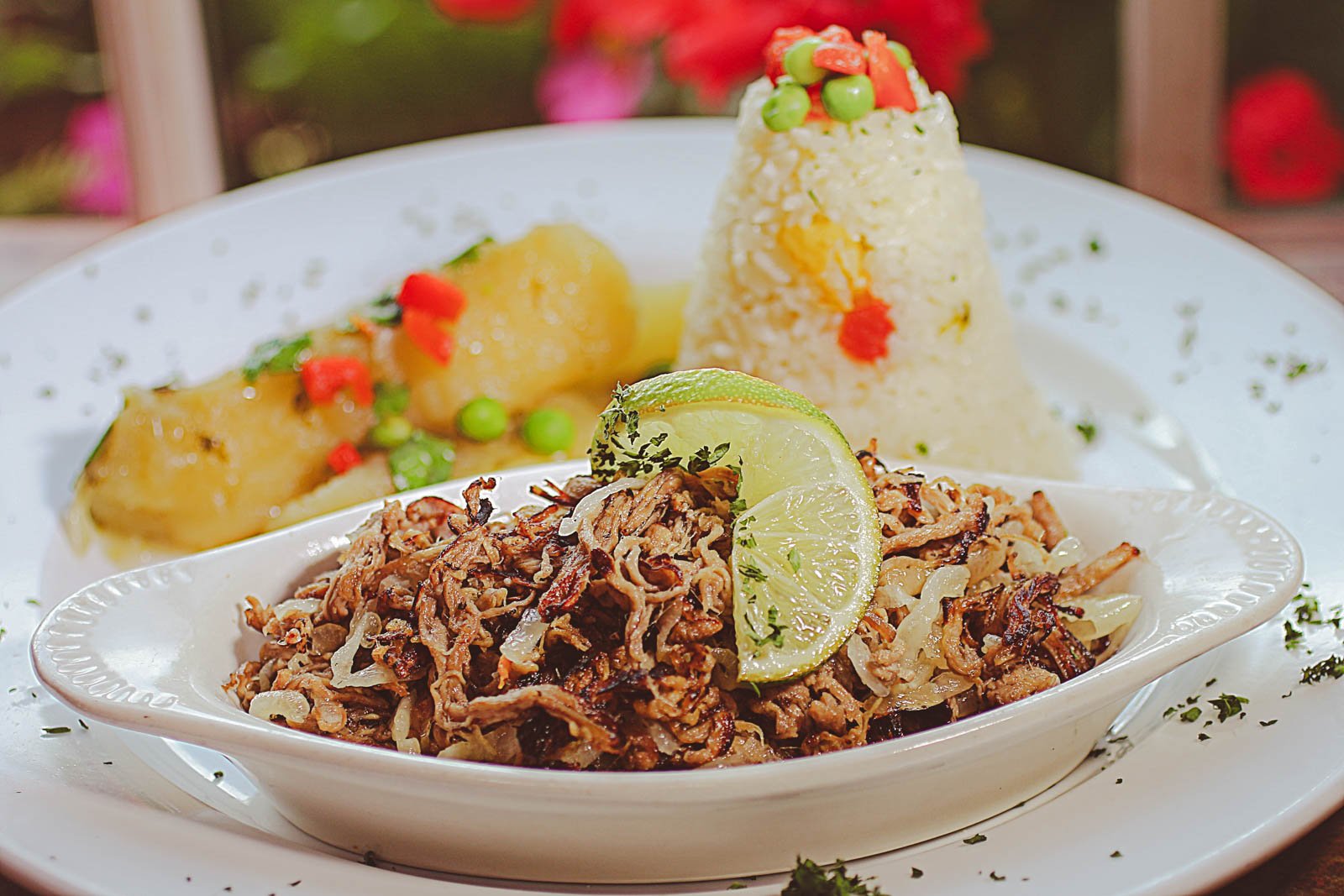 Close-up of Vaca Frita, highlighting the crispy, pan-fried shredded beef with caramelized onions and a sprig of cilantro.