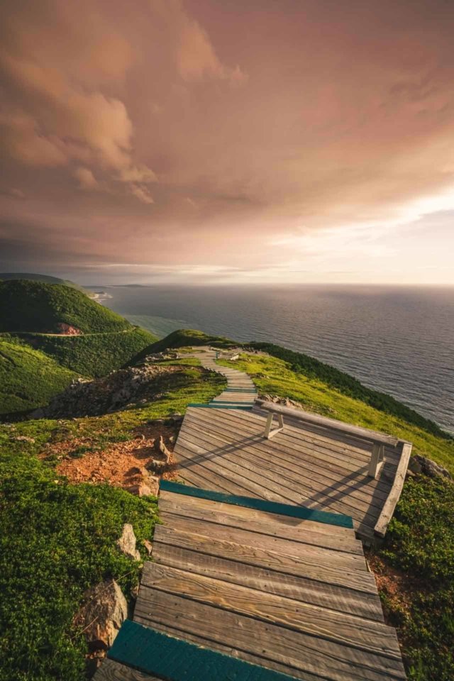 the wooden boardwalk of the Skyline Trail, looking out over the ocean in Cape Breton Highlands National Park.